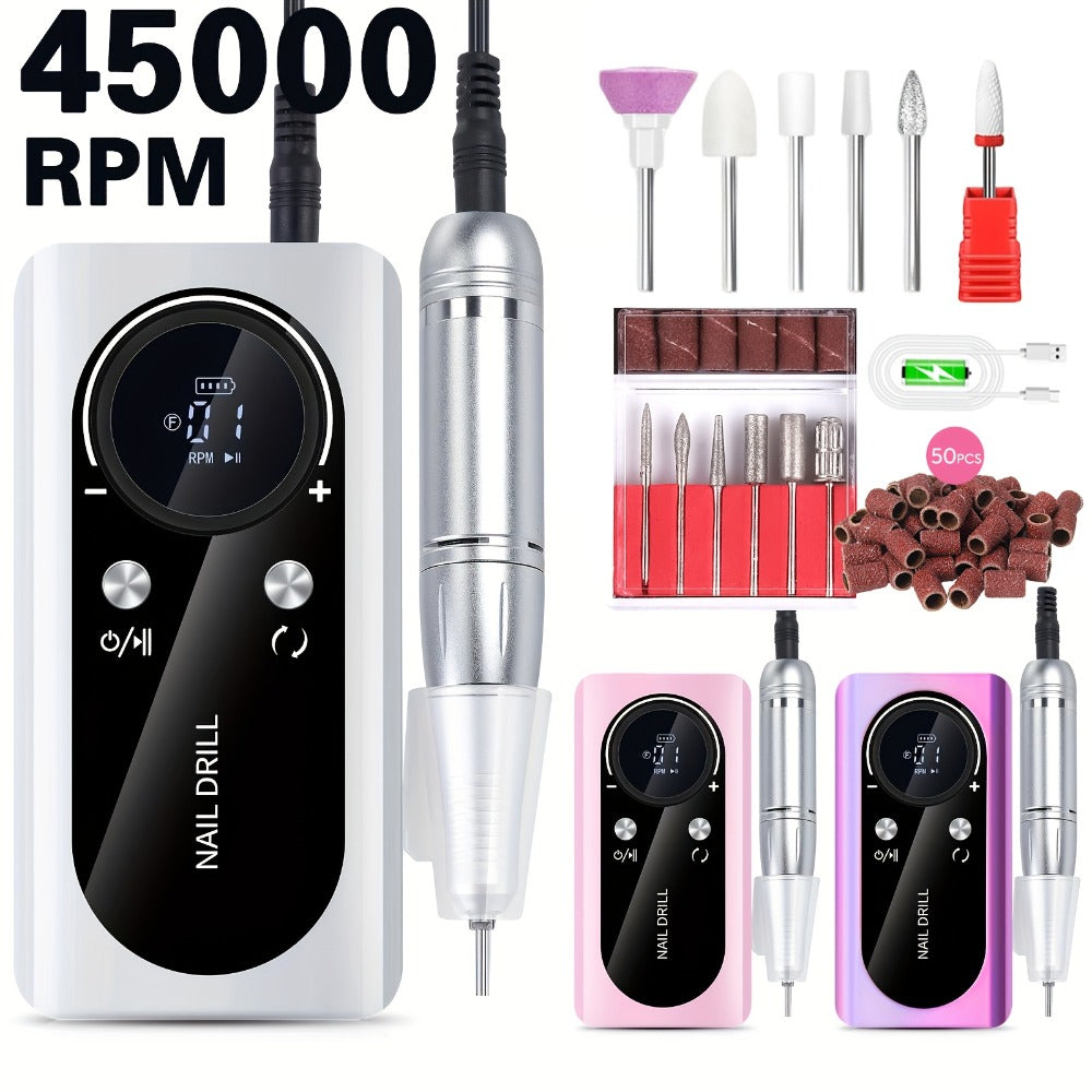 45000RPM Electric Nail Drill Machine with LCD Display Low Noise Rechargeable Manicure Machine for Polishing Gel Nail Polish