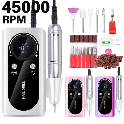 Nail Drill Machine 45000RPM Low Noise Rechargeable — Electric E-File with LCD Display for Gel Polish Acrylic Natural Nails, Professional Quiet Manicure Polishing Tool for Home & Salon, White Purple Pink
