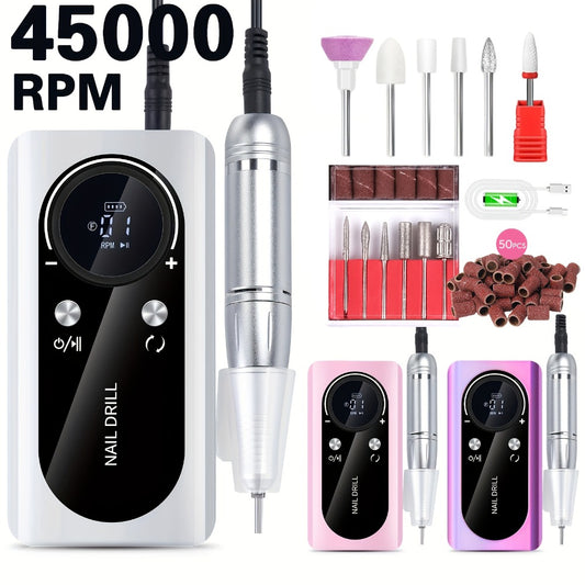 45000RPM Electric Nail Drill Machine with LCD Display Low Noise Rechargeable Manicure Machine for Polishing Gel Nail Polish