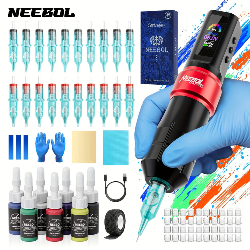 Neebol Tattoo Machine Kit Complete Set, Cordless Tattoo Pen with Screen Display, 6-8 Hours Battery, Wireless Rotary Tattoo Gun Set, 10/20 Tattoo Cartridge Needles, 7 Tattoo Inks, Full Tattoo Supplies for Beginners And Artists, Body Art Makeup Gift