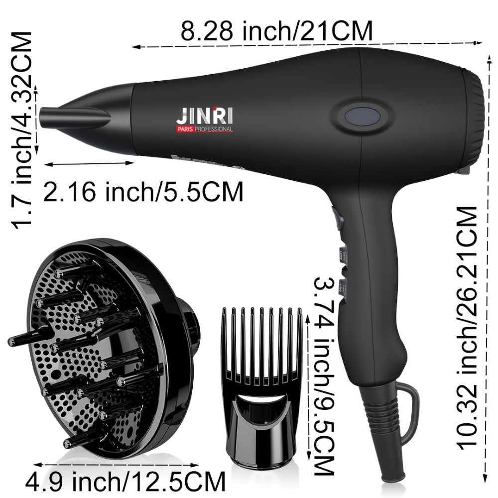 JINRI Professional Salon Ionic Hair Dryer with Diffuser & Concentrator Attachments, Ideal for Curly Hair - Black, 1875W, Non-Folding Handle, 1. 196.85inch-118.11inch Adjustable Cord, US Plug