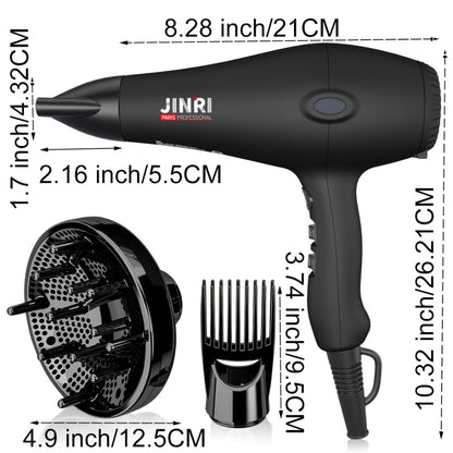 Professional Ionic Hair Dryer 1875W with Diffuser & Concentrator Attachments — Salon-Quality Blow Dryer for Curly Hair, Adjustable Cord, US Plug, Black