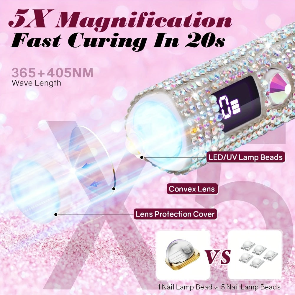 Portable Rhinestone Mini/LED Nail Lamp - USB Rechargeable Single Finger Gel Curing Light with Digital Display, 40-Min Runtime, Compact Travel-Friendly Design for Quick-Dry Nail Art, White, Nail Light, Durable Plastic, DIY Manicure