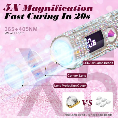 Mini LED Nail Lamp UV Gel Curing Light USB Rechargeable Single Finger Nail Dryer 365nm 405nm Dual Wavelength Rhinestone Design 40-Min Runtime Digital Display Portable Travel DIY Manicure