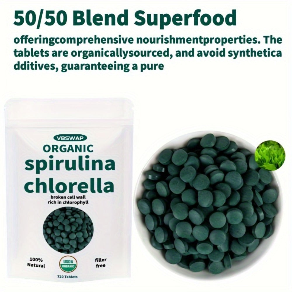 Organic Chlorella Spirulina Tablets, 720 Counts, 4 Months Supply, 50/50 Blend Superfood, No Filler, No Additives, Cracked Cell Wall, Rich In Vegan Protein, And Easy to Swallow.nutritional Supplement for