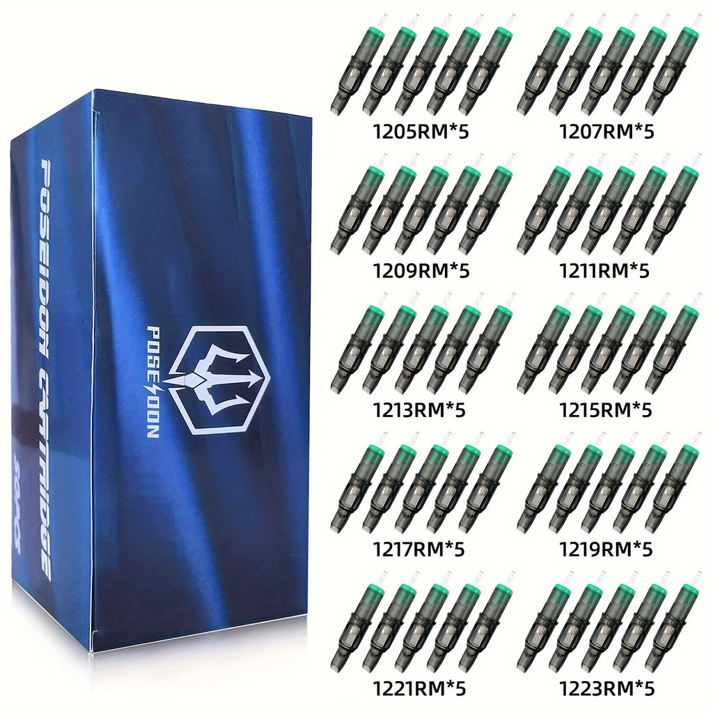 Poseidon Tattoo Cartridge Needles 50pcs Assorted Mixed Size Round Liner Shader Magnum Curved/Round Mag 5Rl 7Rl 9Rl 5Rs 7Rs 9Rs 15M1 21M1 15Cm 8.27inch Disposable Membrane Tattoo Needles