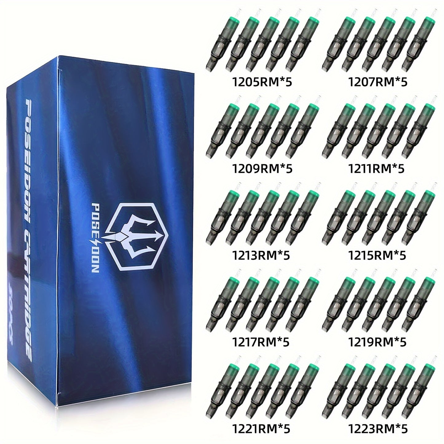 Tattoo Cartridge Needles 50Pcs Mixed - Poseidon TUV Round Liner Shader Magnum 5RL 7RL 9RL 5RS 7RS 9RS 15M1 21M1 Disposable Membrane Safety Cartridge Needles for All Tattoo Machines