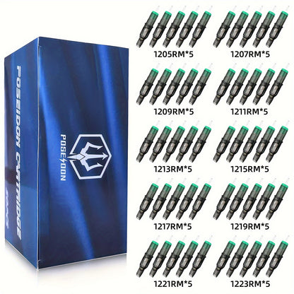 Tattoo Cartridge Needles 50pcs Mixed Curved & Round Magnum - #12 Standard Disposable Membrane Needles, Long Taper, Compatible with All Cartridge Grips & Machines, Assorted RM Sizes for Tattoo & PMU