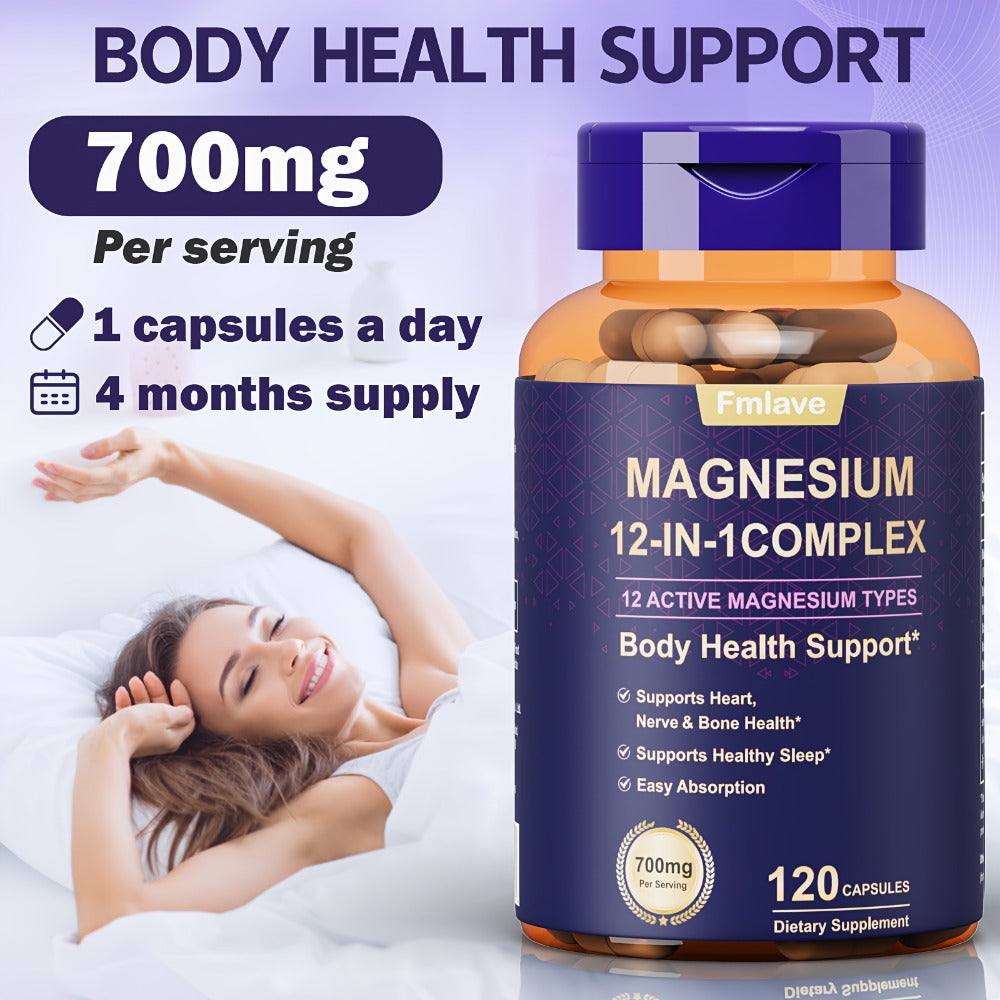 Fmlave 12 In 1 Magnesium Glycinate, 700MG Magnesium Complex WIth Citrate, Malate, Carbonate, Taurate, Oxide, Easily Absorbable Calm Magnesium Supplements Support Bone, Heart & Sleep Health, Relaxation, Gluten Free, 120 Capsules