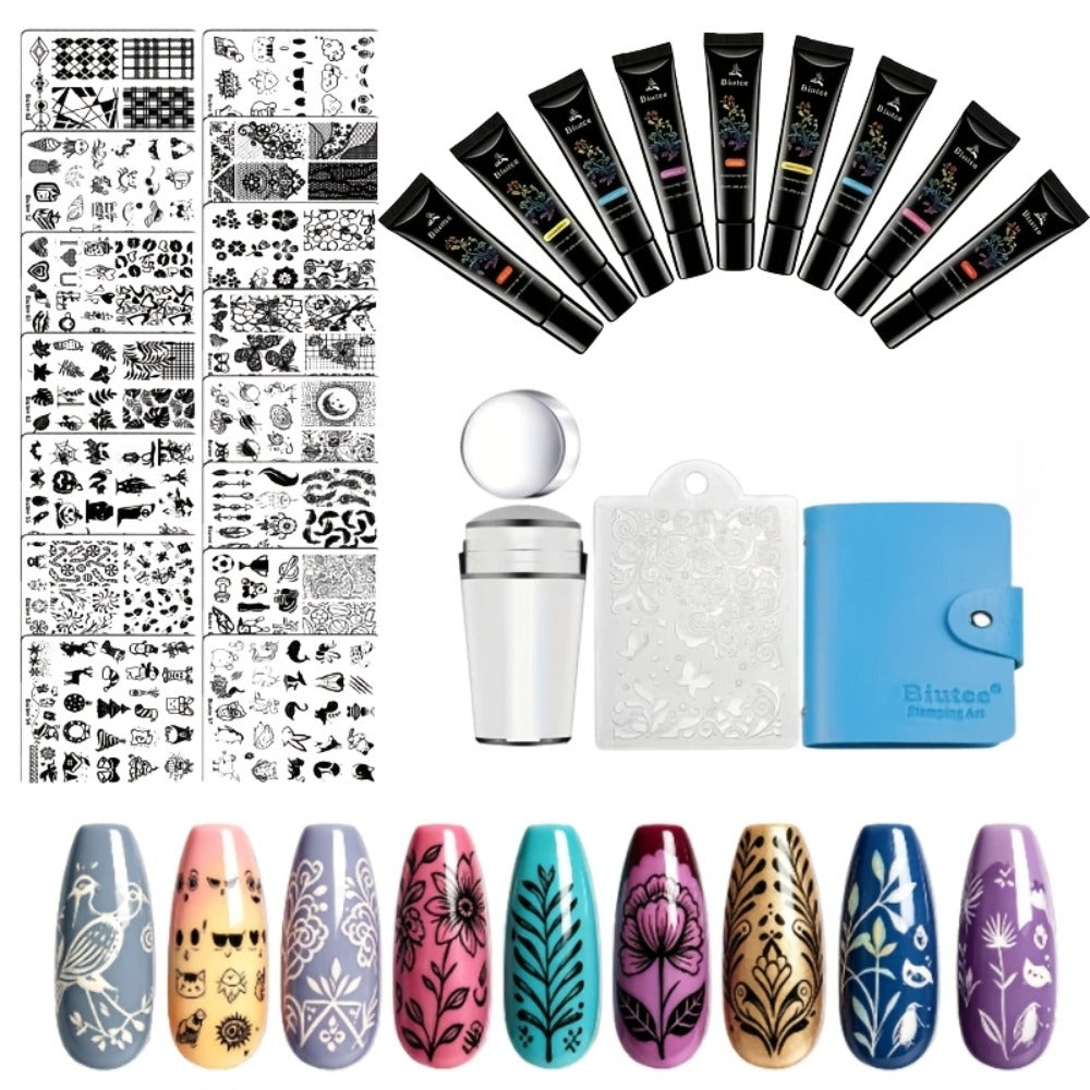 Biutee Nail Stamping Plate Set Of 14pcs, Including 10 Mini 1.57*4.72 inch Metal Plates, 1 Single-head Stamp, 2 Clear Stamp Heads, And 1 Pattern Scraper