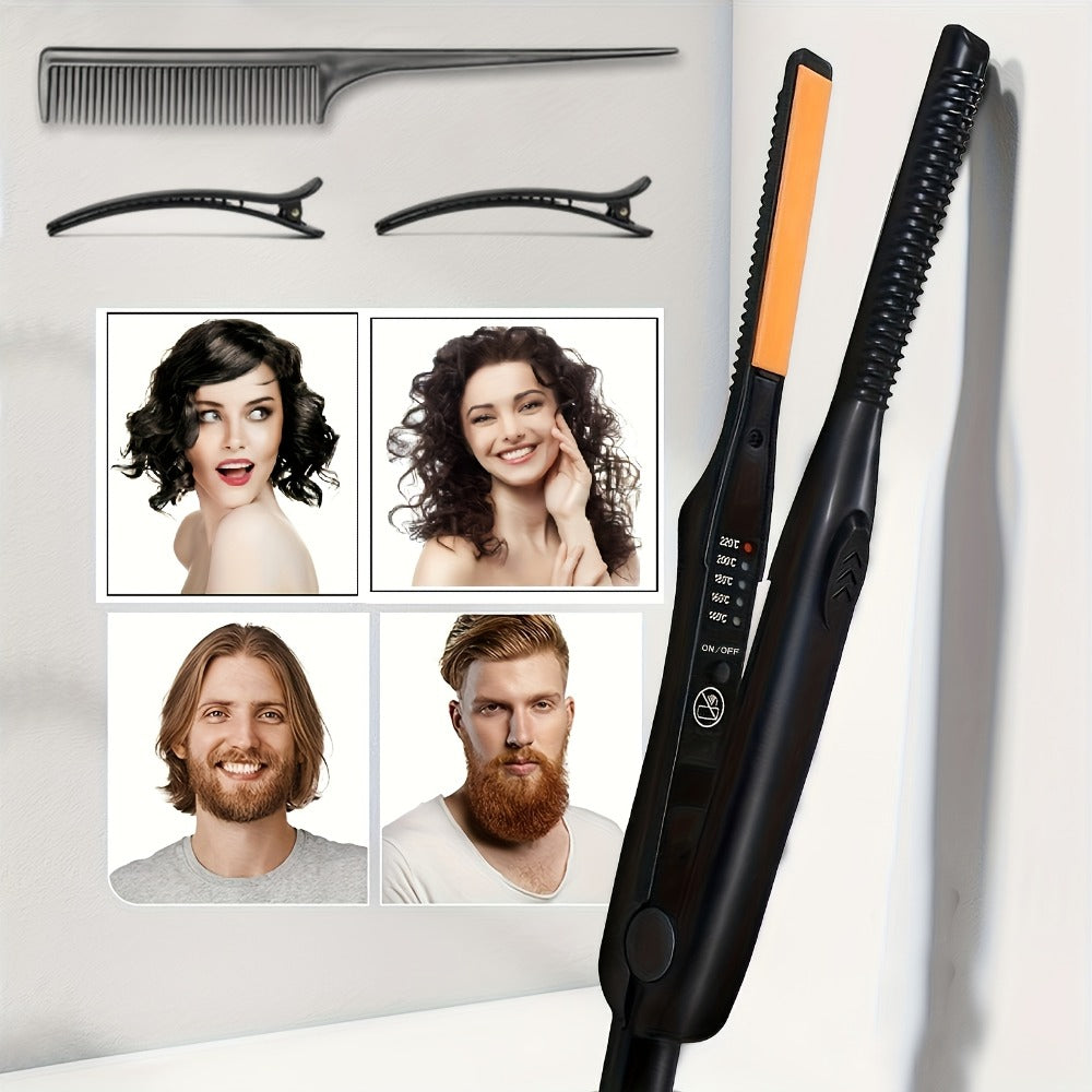 Mini Hair Straightener 2-in-1 Flat Iron Curler - Ultra Thin Portable Wet Dry Straightening Curling Iron for Short Hair, Beard & Travel Styling