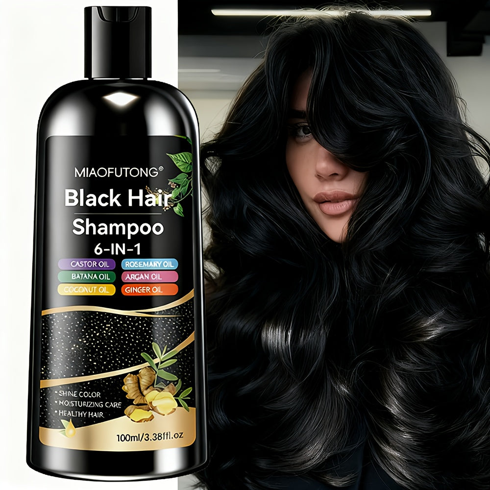 Black Hair Dye Shampoo 6-in-1 Gray Coverage - Castor, Batana, Coconut, Rosemary & Ginger Oil Formula, Instant Color, Glossy & Voluminous, Unisex, All Hair Types