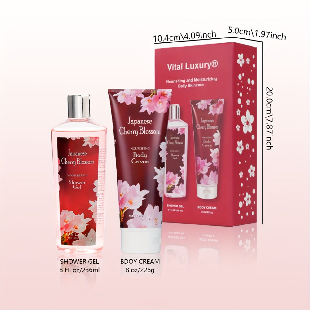 Body Care Gift Set - Cherry Blossom Fragrance 8 Oz 2pcs Body Wash And Body Cream Set, Light And Non-Sticky Long-Lasting Fragrance, The Perfect Valentine'S Day Gift, Mother'S Day Gifts, Gathering Gift Set, Large Capacity Suitable for All Skin Types