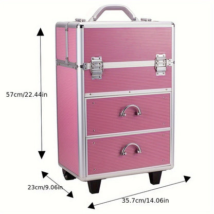 Aluminum Makeup Train Case Lockable with Extendable Trays Multi-Tier Professional Cosmetic Case with Lock Pink Rose Portable Salon Travel Makeup Organizer