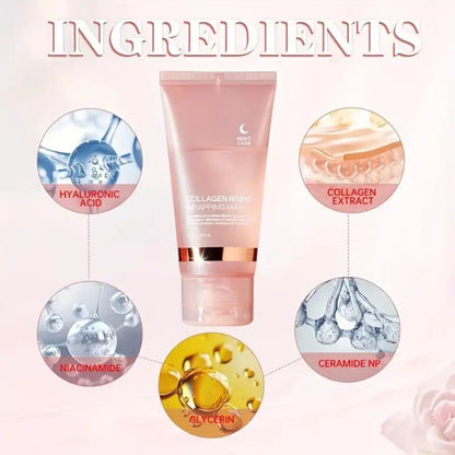 Collagen Night Wrap Mask with Jelly Brush 3pcs Hyaluronic Acid Deeply Moisturizing Nourishing Alcohol-Free Gentle Glossy Sleeping Mask for All Skin Types Gift