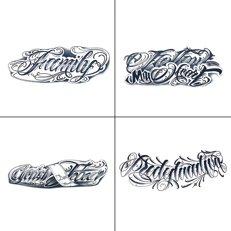 Temporary Tattoo Stickers 4 Sheets Herbal Semi Permanent Fake Tattoos with English Letter Elements Lasts 7-15 Days Waterproof Sweat Resistant Realistic Look for Men Women Teens Body Art