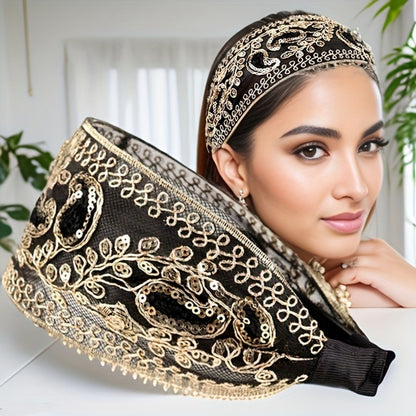 Wide Headbands for Women 2pcs Lace Embroidered Sequin Flower Hair Hoops Non-Slip Retro Chic Hair Band for Daily Wear Spring Summer Styling Elegant Gift Set 2 Colors