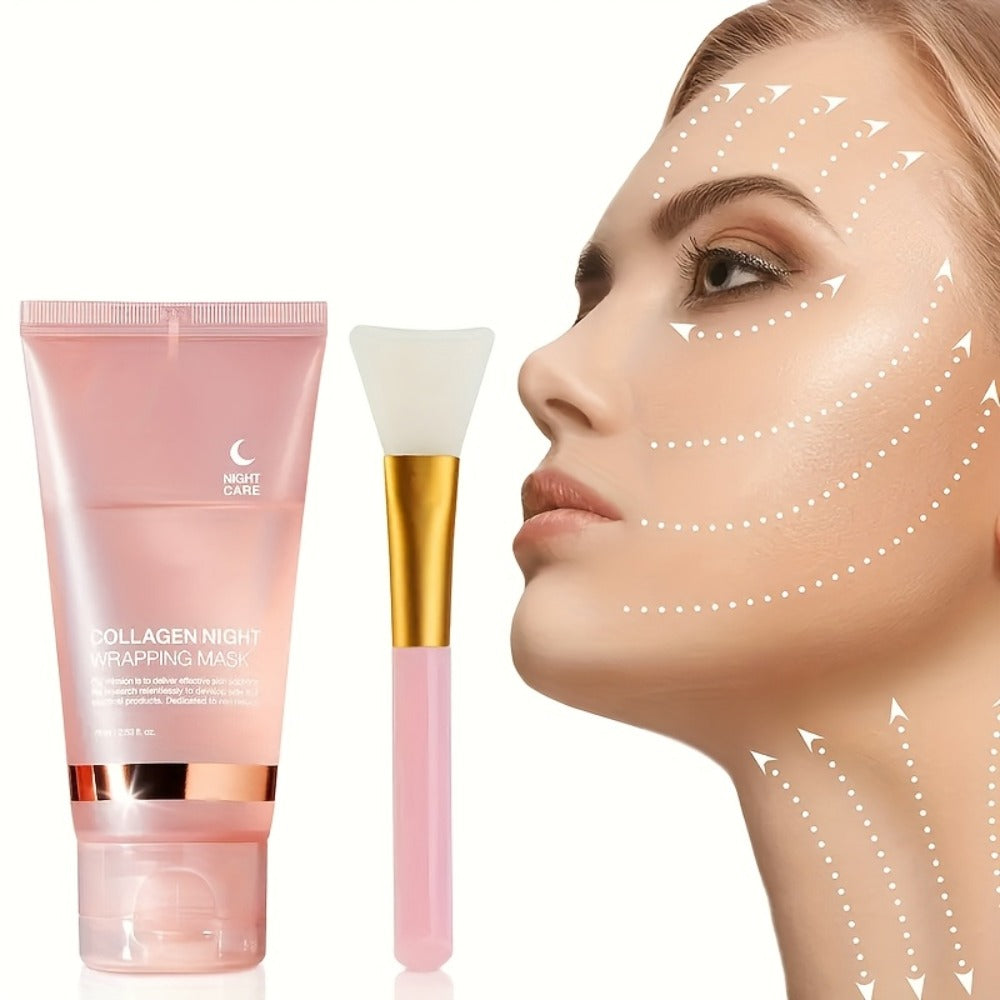 3pcs Collagen Night Wrap Mask with Jelly Brush, Alcohol-Free And Gentle, Deeply Moisturizing And Nourishing, Suitable for All Skin Types, Glossy, 2.54 Oz*2, Valentine'S Day Gift, Essential for