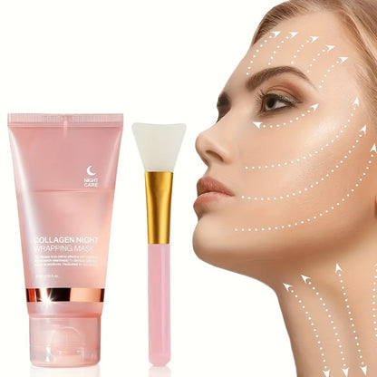 Collagen Night Wrap Mask with Jelly Brush 3pcs Hyaluronic Acid Deeply Moisturizing Nourishing Alcohol-Free Gentle Glossy Sleeping Mask for All Skin Types Gift