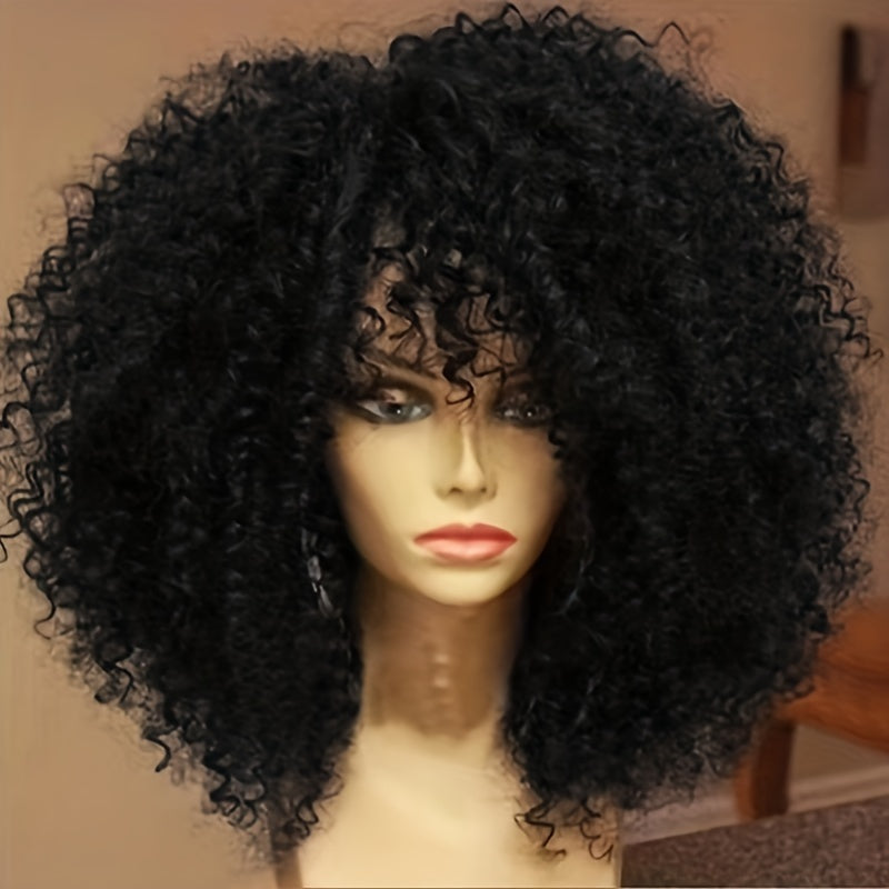 Elegant Afro Kinky Curly Wig with Bangs for Women - 14" Short, Heat Resistant Synthetic Hair for Daily Wear & Cosplay,, Halloween Party, Christmas