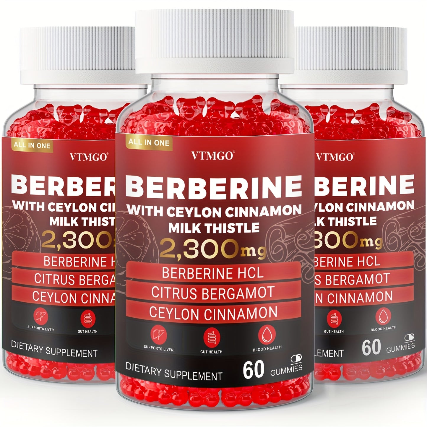 Berberine HCL Gummies 2300mg 60ct with Ceylon Cinnamon, Milk Thistle & Turmeric for Blood Sugar Balance, Metabolism, Liver & Gut Health, Berry Flavour for Men & Women