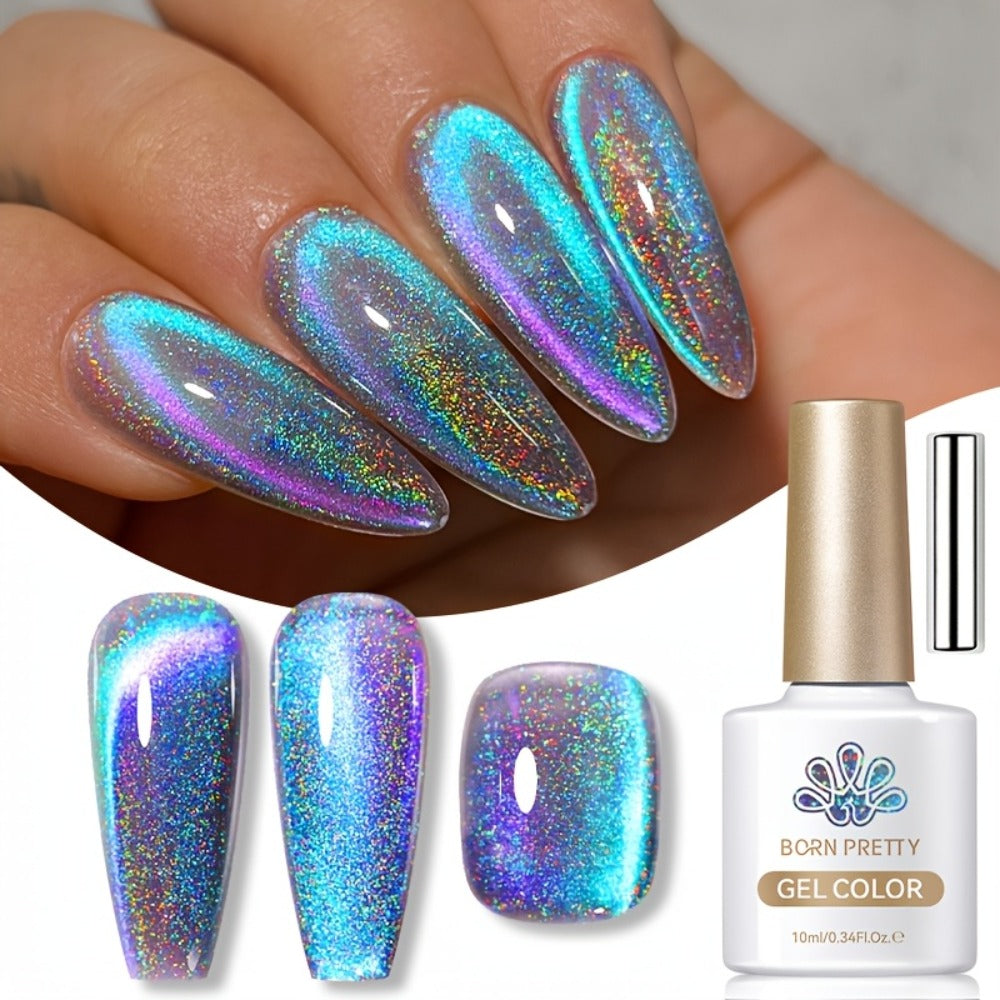 1 Born Pretty 9D Magnetic Cat Eye Gel Polish - Holographic Rainbow with Magnetic Swirl Design, Soak-Off /LED Curable Nail Polish Suitable for DIY Magnetic Nail Art, -Lasting Gel for Salon & Home Use 0.34oz