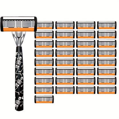 Safety Razor for Men - 7-Layer Stainless Steel Blades, Non-Slip Metal Handle, Classic Double Edge Razor for Beard & Mustache Grooming, Multiple Handle & Blade Pack Options