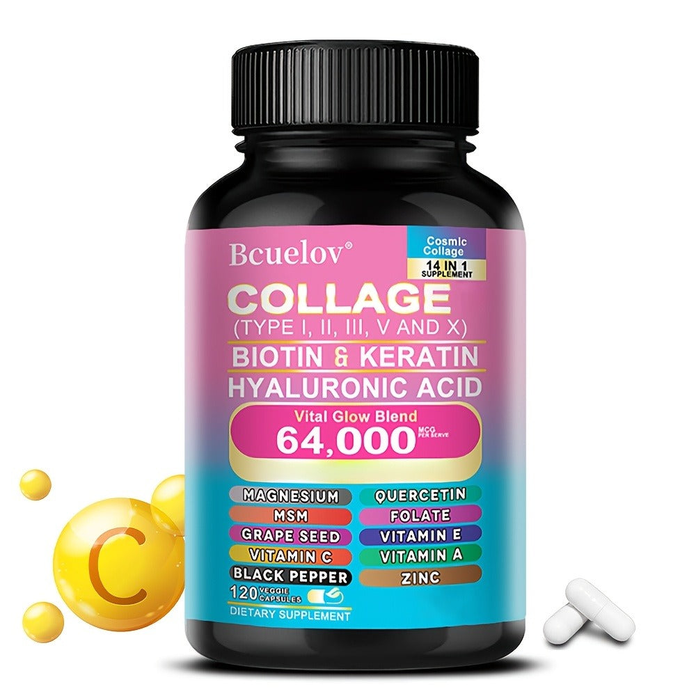 Types I, II, III, V, And X Collagen Supplements - Enriched with Biotin And Keratin, Along with Hyaluronic Acid - Healthy Skin, Nails, And Hair - 120 Capsules