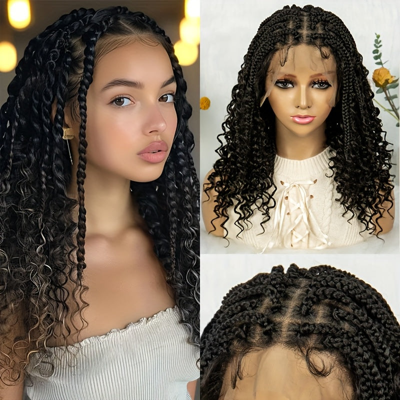 14-16inch Bohemian Style Square Woven Wig - Knotless Goddess Braided Wig with Curly Full Lace Square Synthetic Braid Wig Featuring, Suitable for Women, Natural Black Braided Lace Front Wig.