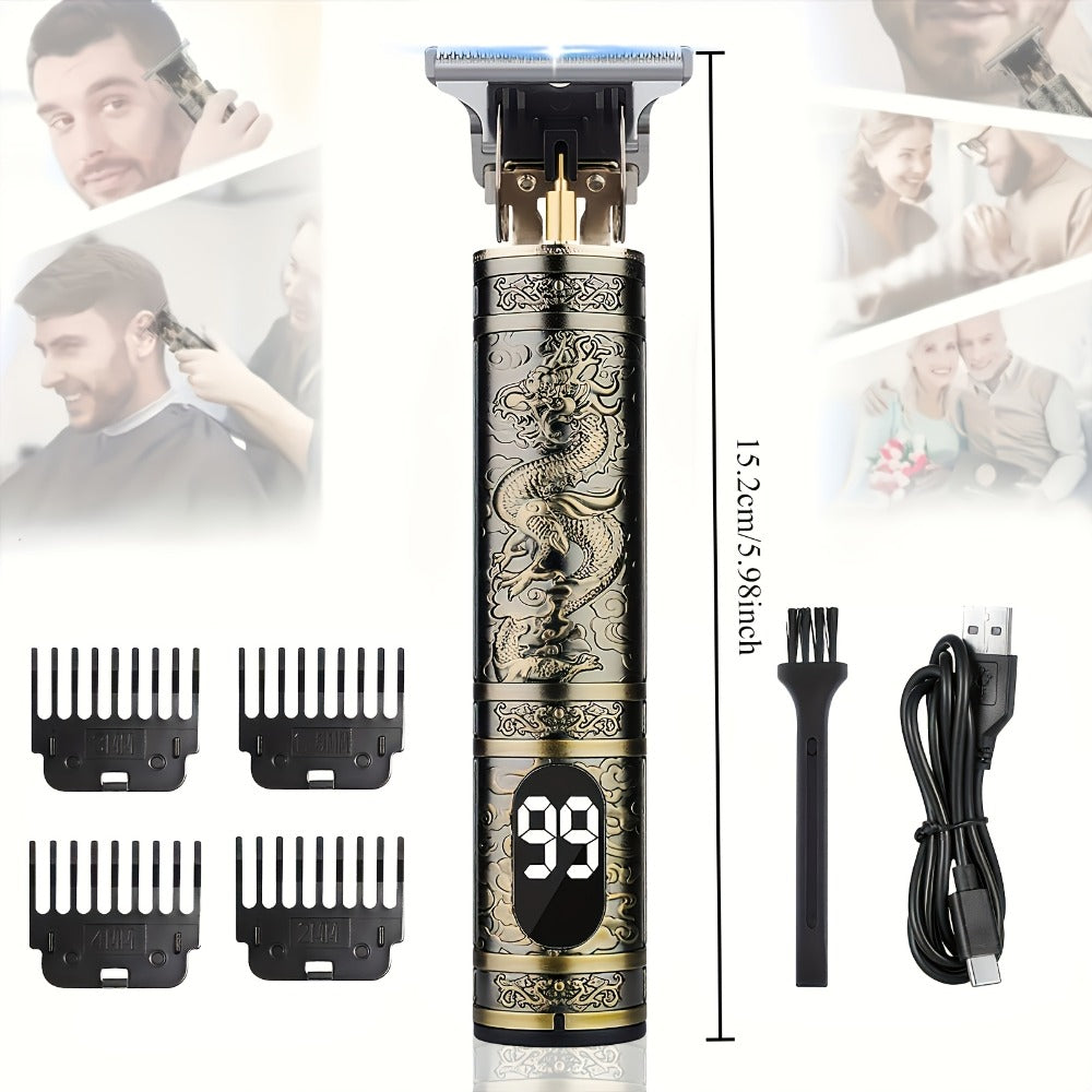 T-Blade Hair Trimmer for Men - LED Display USB Rechargeable 2000mAh, Vintage Dragon & Mustache Design, 4 Combs, Cordless Precision Grooming Kit, Holiday Gift