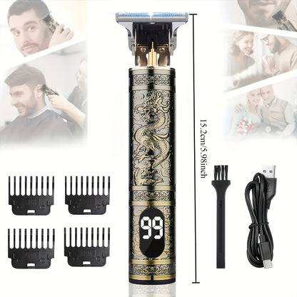 T-Blade Hair Trimmer for Men - LED Display USB Rechargeable 2000mAh, Vintage Dragon & Mustache Design, 4 Combs, Cordless Precision Grooming Kit, Holiday Gift