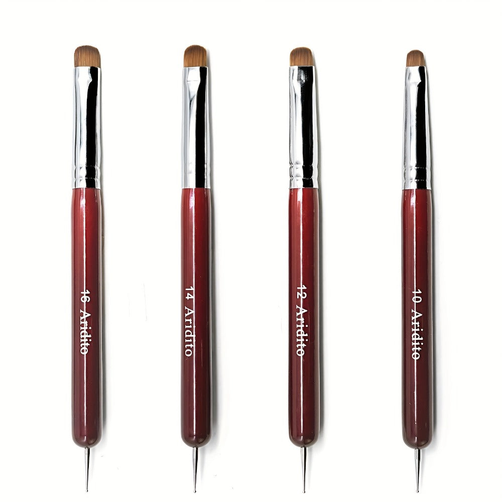 4pcs Aridito Professional Acrylic French Manicure Clean-Up Brushes & Dotting Pens - Red Wood Handles, Precision Tips (#10, #12, #14, #16) for Nail Art, Cuticle Care - Essential Manicure Tools for Home & Salon Use, Modern Metallic Finish | Metallic Ferrule