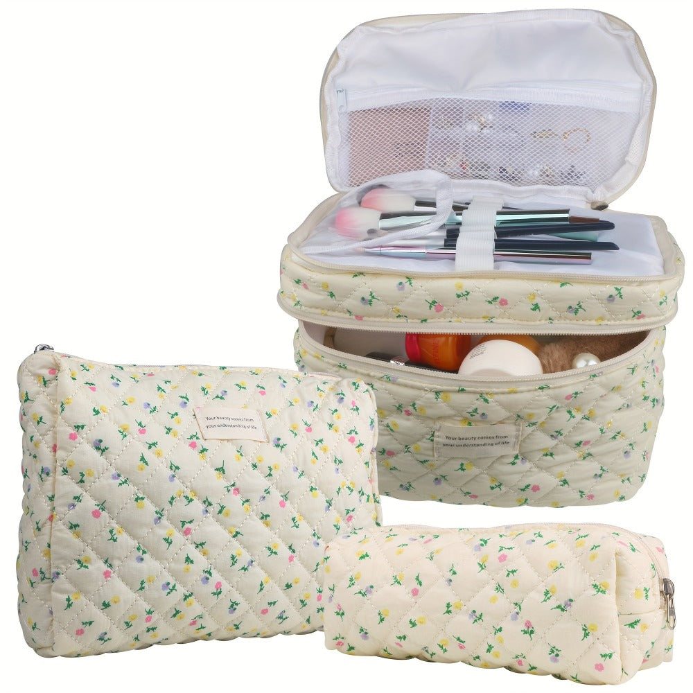 Large Capacity Dual Layer Cotton Makeup Cosmetic Bag (3PCS), Cute Quilted Travel Coquette Aesthetic Floral Make up Bag for Women Toiletry Bag