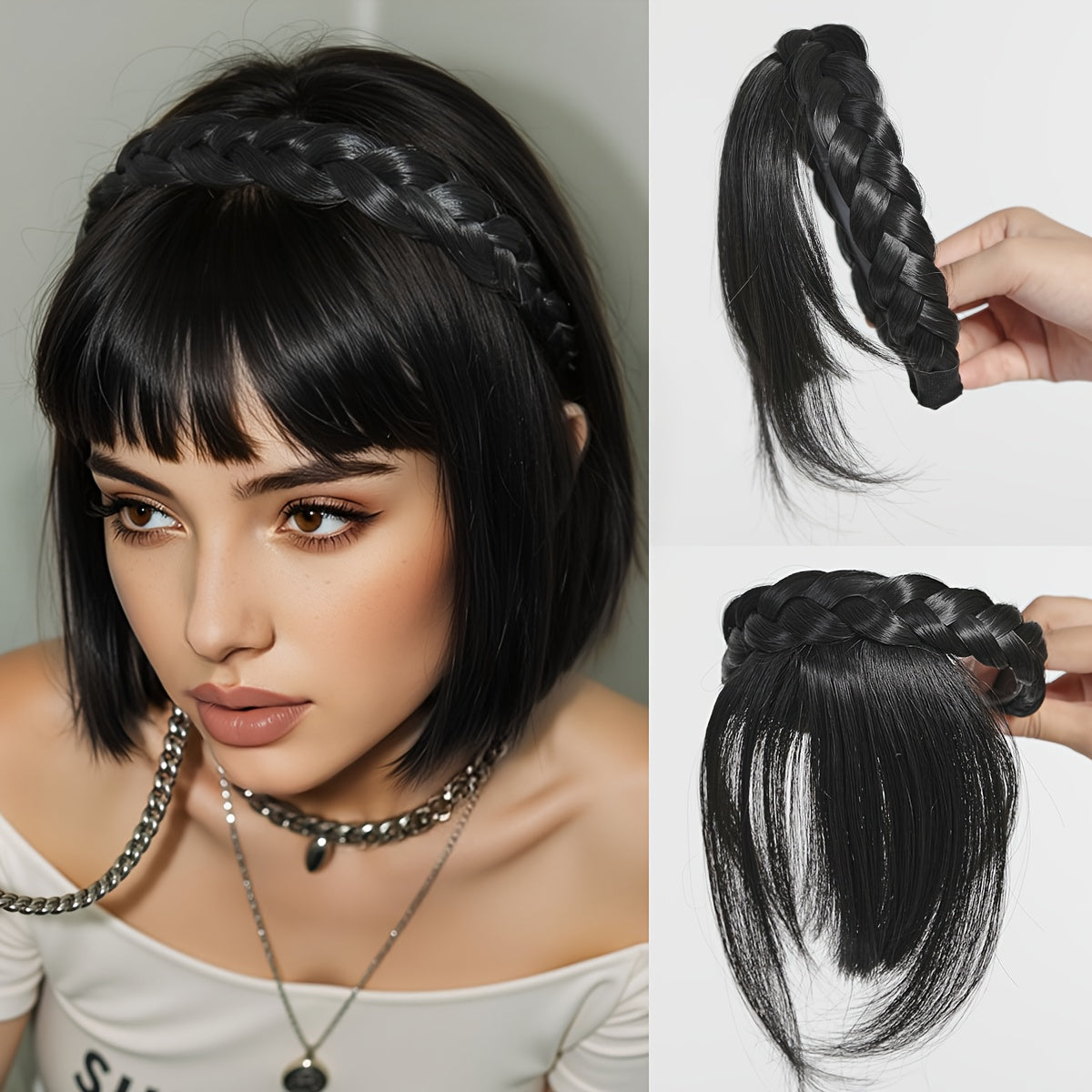Synthetic Hair Extensions with Bangs, Designed As a Headband for Women And, Suitable for Cosplay, Halloween, Weddings, And Parties in Khaki And Brown
