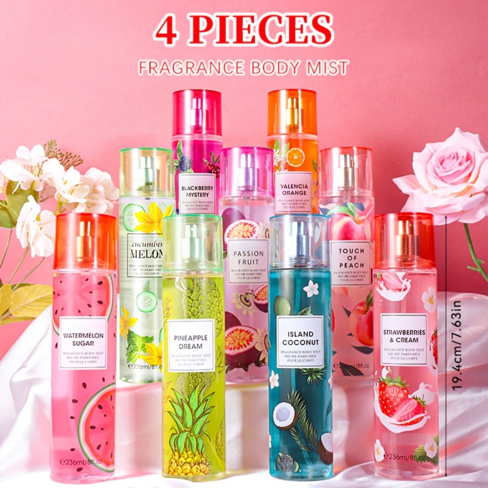 Body Spray for Women 4-Pack 8.4oz Each - Floral & Fruity Hair & Body Fragrance Mist Set 20 Scents Long Lasting Daily Use Gift
