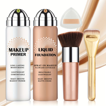 Liquid Foundation & Primer Set — Long-Lasting Silky Smooth Formula | CC Cream BB Cream | Mature Skin | 4 Shades: Natural Beige Nude Porcelain