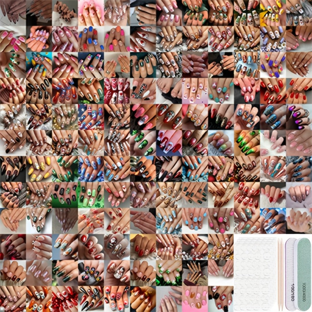 Press On Nails 375 Pieces Kit - 360pcs Fake Nails + Bracelet + 14 Nail Art Tools | Almond Square Short Medium, Glossy Gel Polish Pastel Neon Glitter Holographic Marble Floral Heart Patterns for Women