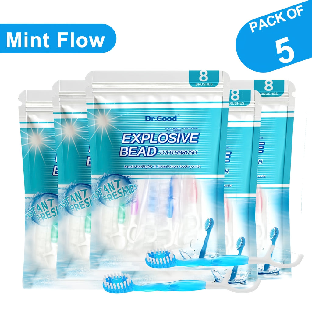 24/40pcs 5-in-1 Disposable Mini Toothbrush | Toothpaste, Floss, Pick, Tongue Scraper, Soft Mint, Oral Care, Nylon Bristles, ABS Plastic, Compact-, Medium Firmness, Travel Case
