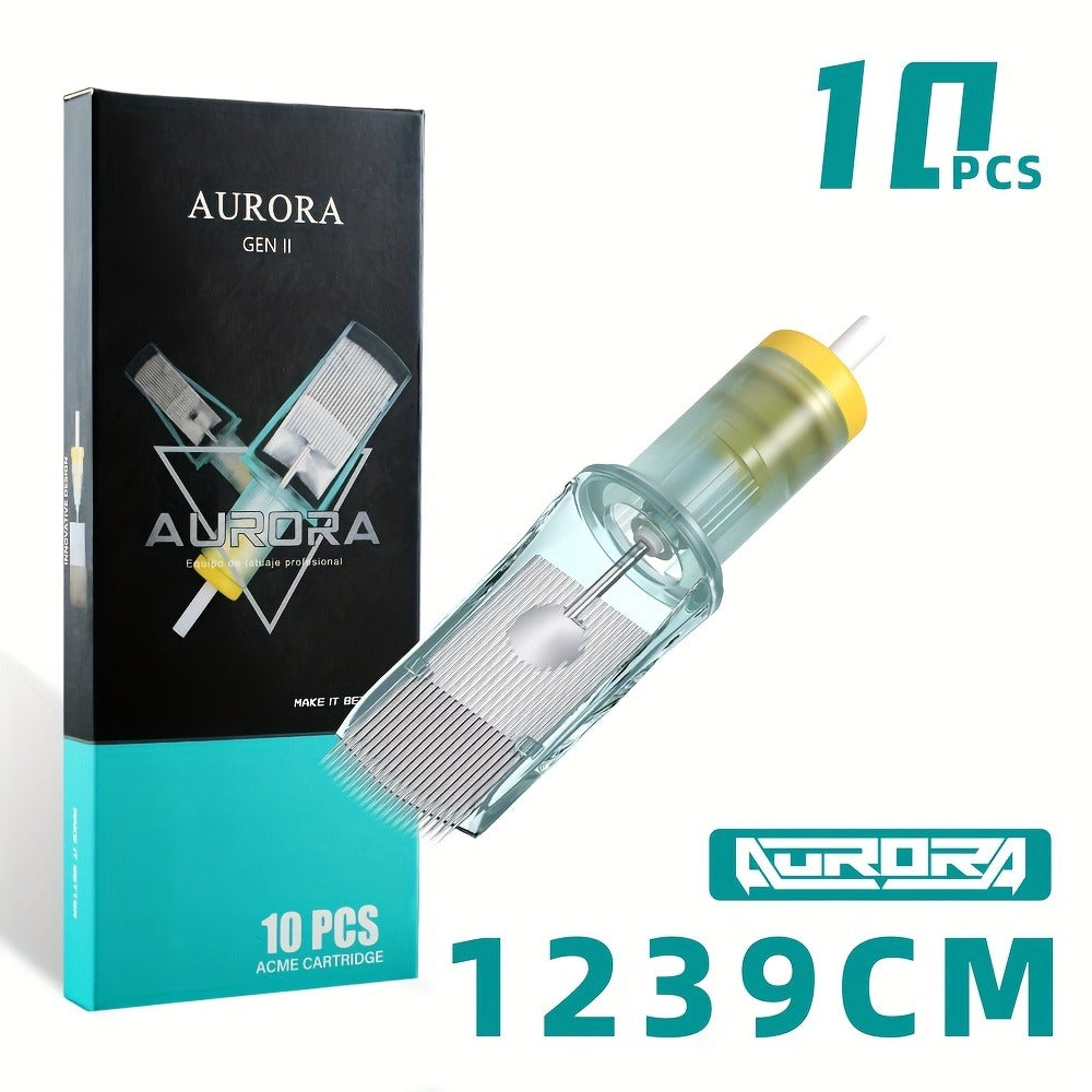 Tattoo Cartridge Needles 10-Pack — Aurora II Curved Magnum, Stainless Steel, Large Ink Capacity, Low Splatter, Transparent Body, for Artists & Beginners