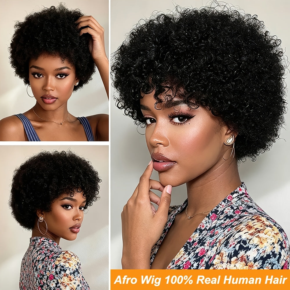 [Cosplay Festivals Parties] Afro Curly Human Hair Wigs, Short Kinky Curly Glueless Wigs Real Human Hair, High-Curl Afro Design, Easy to Wear And Easy to Manage, Perfect for Daily Use, Cosplay, Festivals, 70s 80s Cosplay Fan Hair And Enhancing The Atmosphe