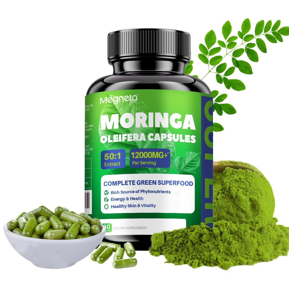 MEGNETA Moringa Powder Capsules - 12000mg Of Rich Moringa Powder - Moringa Supplement for Women&Men Healthy Living - A Natural Green Antioxidant Supplements - Skin Health, Immune System & Energy