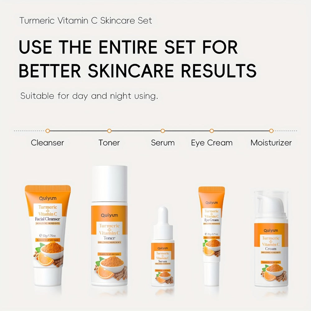 Turmeric And Vitamin C Skincare Set, 5-In-1 Skincare Gift Set with Facial Cleanser, Face Serum, Face Cream, Eye Cream, Toner, Facial Care Kit for Women, Skincare Gift Set Birthday Mother'S Day Christmas Gifts for Women