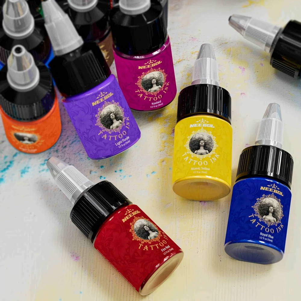 Tattoo Ink Set 14 & 21 Colors 0.5oz Per Bottle — Vibrant Long-Lasting Pigment Kit for All Tattoo Styles, Body Art & Permanent Makeup, Beginners & Professional Artists