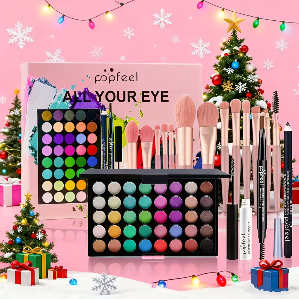 POPFEEL All-in-One Full Face Makeup Kit with Brush+Volumizing Mascara-Complete Beauty Set, Berry & Neutral Foundation, Blush, Eyeshadow Palette & Mascara Suitable for Gifts Or Personal Use, Comprehensive Powder-Based Makeup Collection