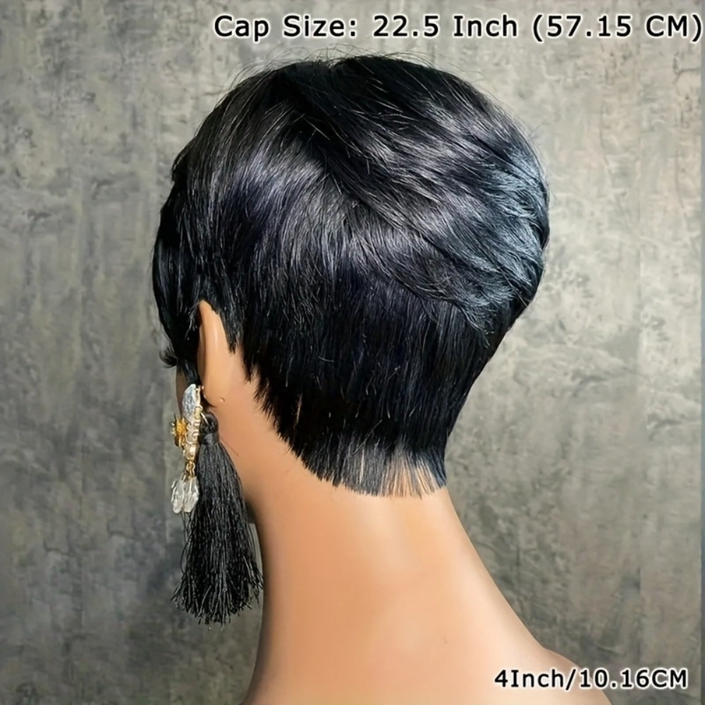 1pc Unisex Adult Black Pixie Cut Wig - 150% Density Straight Human Hair, Glueless Rose Net Cap, Layered Short Style for Daily And Special Occasions