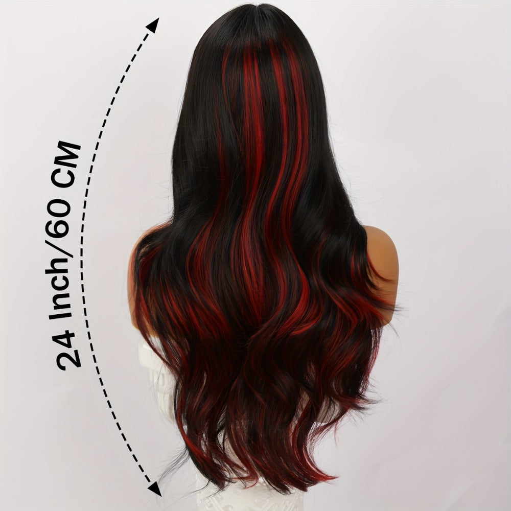 A 24-Inch Wig Featuring a Wine Red Gradient, Designed with a Rose Inner Mesh And Durable Color Retention Technology
