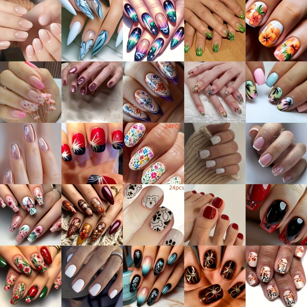 216pcs (9 Sets) Random Press on Nails Stylish And Christmas Bracelets Mixed Color Glossy End Middle Length Ideal for Women And Nail Art Essentials Glamorous Look Rhinestone Embellishments False Nails for Manicure