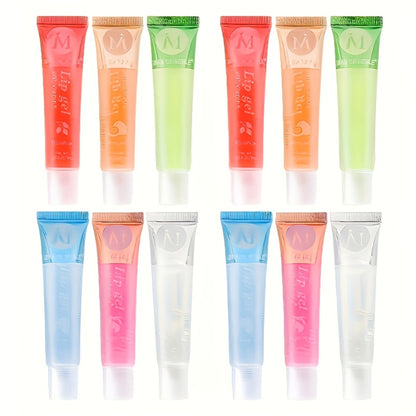 Moisturizing Lip Gloss Set 12pcs Clear Lip Plumping Oil with Plant Squalene VE Rosehip Argan Mint Aloe Coconut Flavors Hydrating Transparent Lip Gloss Gift Set