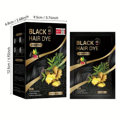 Hair Dye Shampoo 3-in-1 Portable Sachets Box of 10 Packs - Natural Hair Color, Deep Cleansing, Grey Coverage, Travel-Friendly Individual Packaging for Men & Women, Black Dark Brown Chestnut Coffee