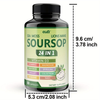 Soursop Graviola Capsules 24-in-1 Formula 60 Count - Lab Tested Digestion Gut Health & Antioxidant Blend - Daily Wellness Supplement for Men & Women
